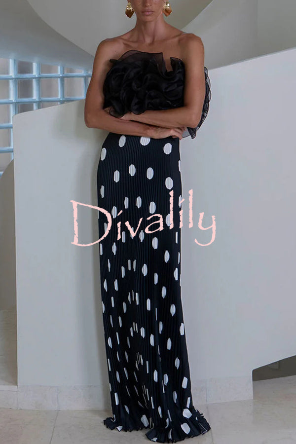 Eye-catching Satin Pleated Poka Dot Print High Rise Drape Maxi Skirt