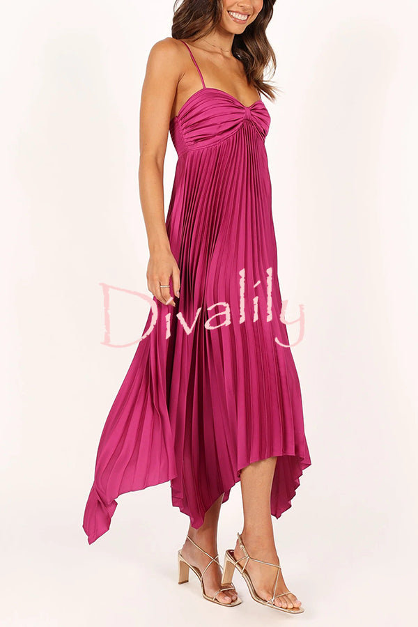 Solid Color Sexy Suspender Pleated Irregular Midi Dress