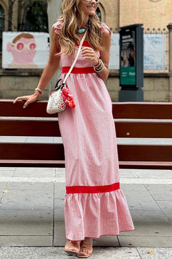 Class and Charm Striped Colorblock Strap Shoulder Maxi Dress