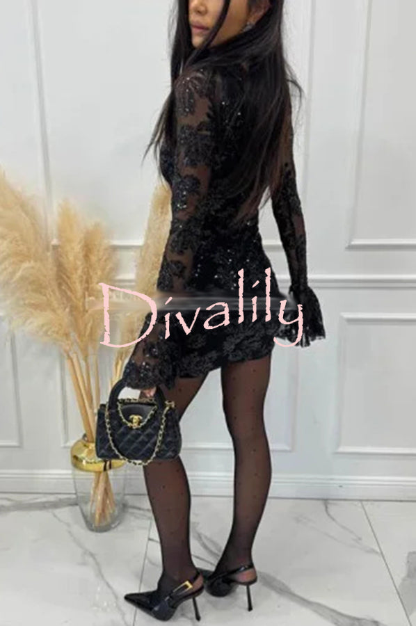 Deep and Dazzling Floral Texture Sequin Long Bell Sleeve Open Back Mini Dress