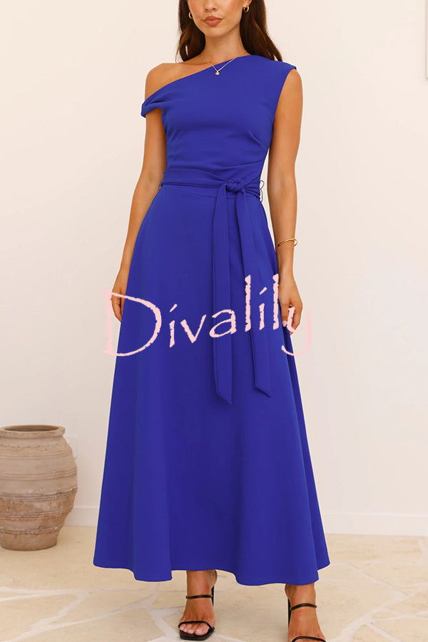 Solid Color Sloped Collar Slim Fit Waist Lace Up Full Hem Maxi Dress