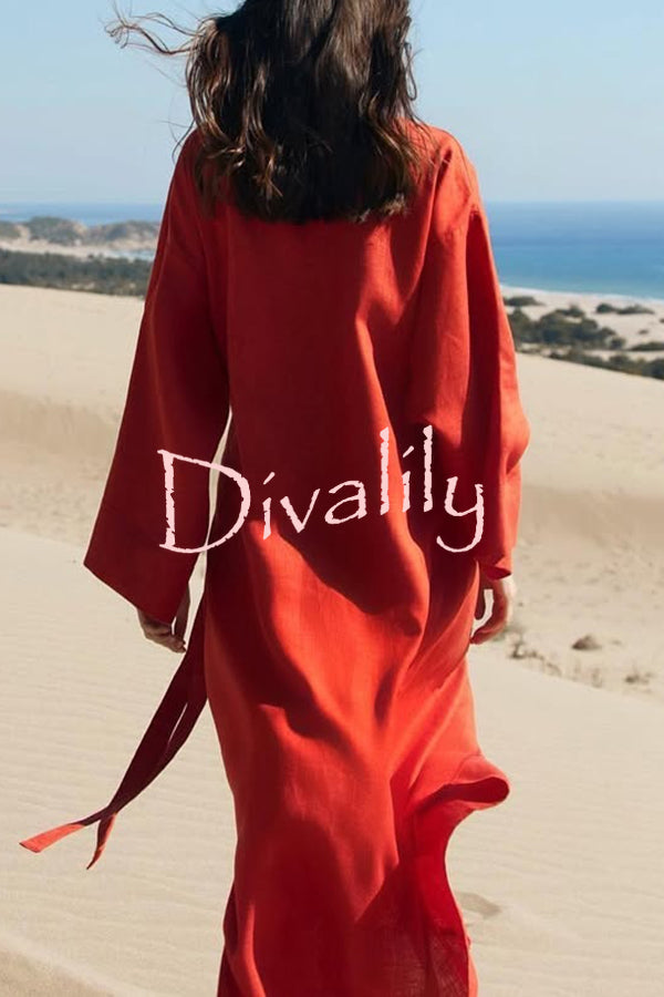 Linen Blend Solid Color Casual Lapel Tie Loose Maxi Dress