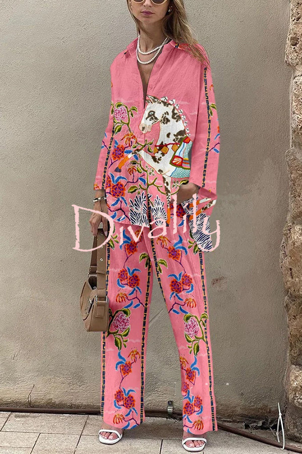 Horse Print Oversized Long Sleeved Shirt and Elastic Waist Pocket Pants Set