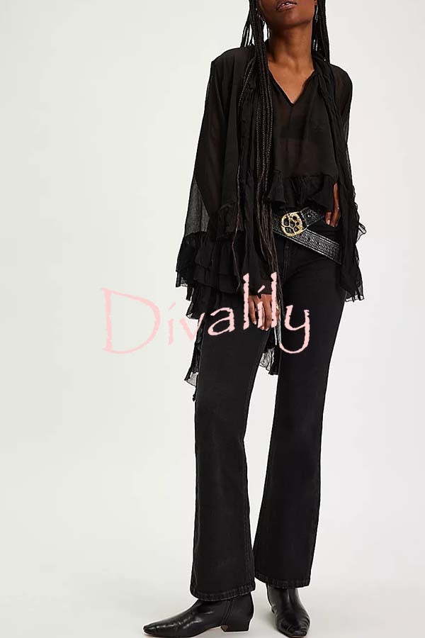 Flowy See-through Ruffle Tie-up Neck Bell Sleeve High-low Hem Cape Shirt