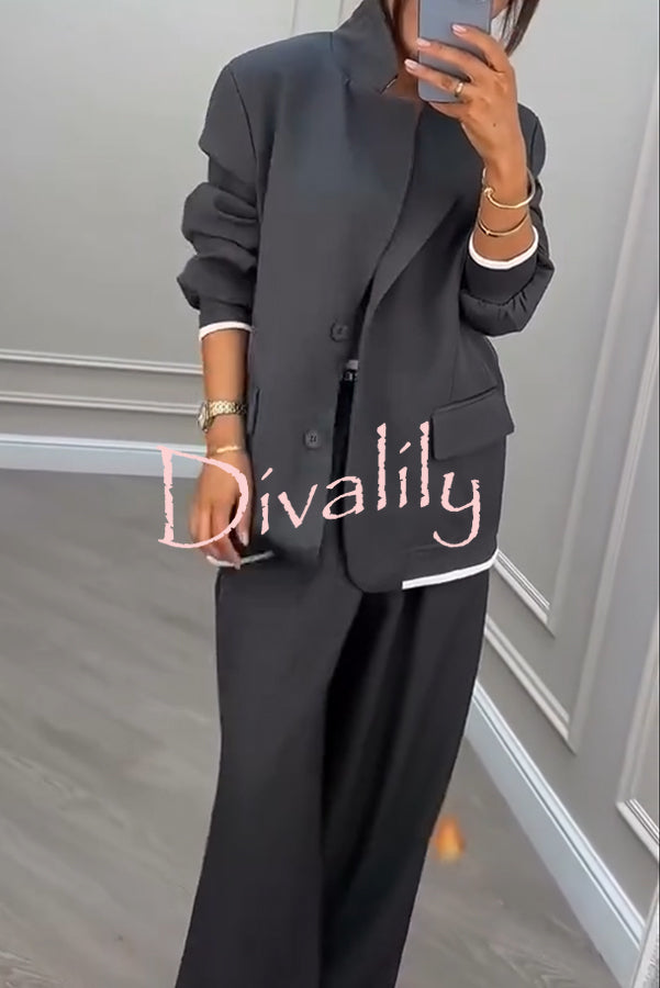 Fashion Sports Style Ribbed Colorblock Lapel Blazer and Elastic Waist Pocket Loose Pants Set