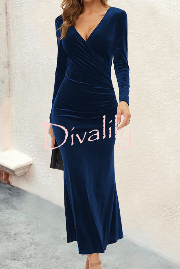 Solid Color Velvet Long Sleeve V-neck Slim Fit Fishtail Maxi Dress