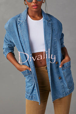 Breaking The Rules Denim Button Up Lapel Loose Blazer Jacket