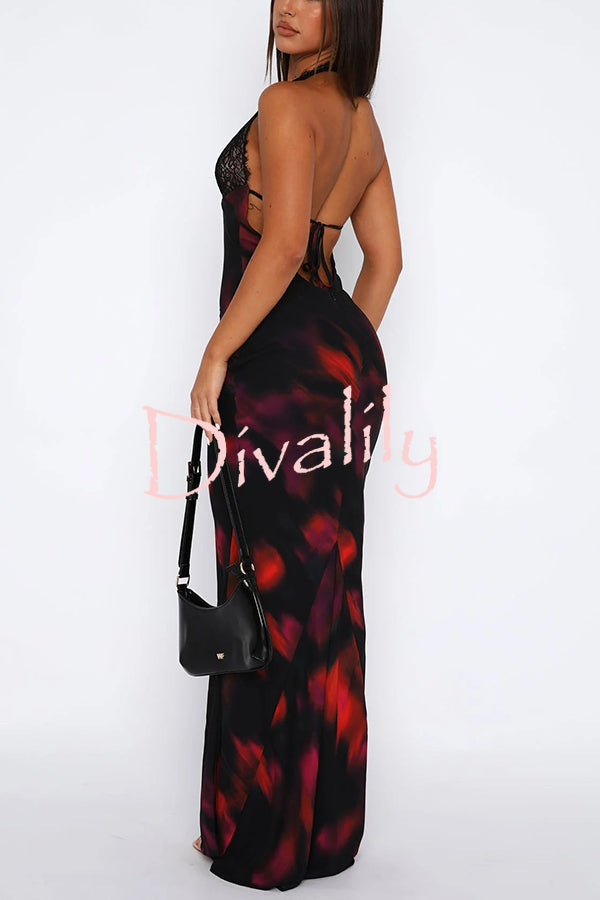 Fashion Printed Halter Neck Backless Lace-Up Sexy Slim Maxi Dress