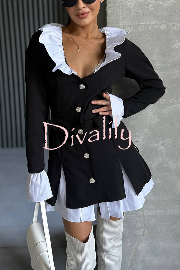 Altair Contrast Ruffled Shirt Patchwork Button Pleated Blazer Mini Dress