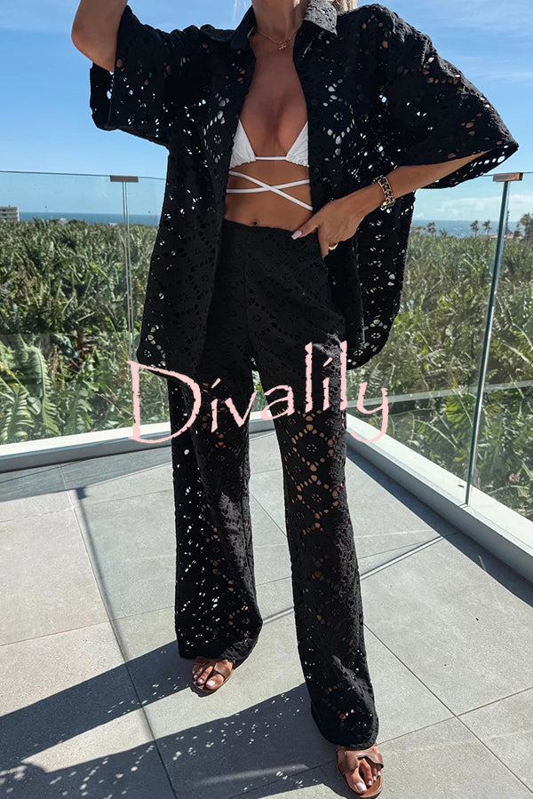 Holiday Crochet Flowers Lace Short Sleeve Shirt and Elastic Waist Wide Leg Pants Set