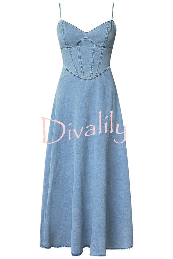 Solid Color Sleeveless Suspender Pleated Back Faux Denim Midi Dress