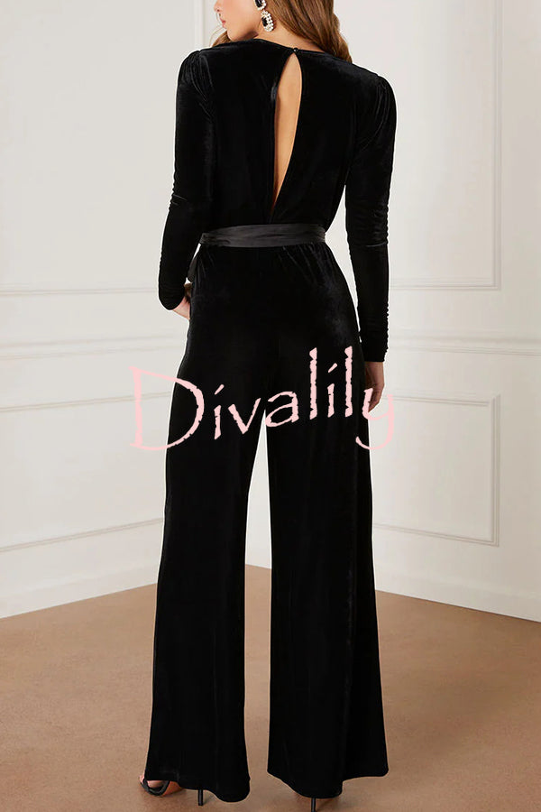 Love One Another Velvet Bow Belted Pocket Cutout Back Loose Jumpsuit