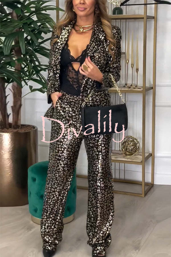 Mona Leopard Metallic Fabric Lapel Boyfriend Blazer and Elastic Waist Pocketed Loose Pants Set