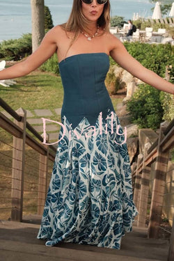Dottie Colorblock Floral Print Drop Waist Gathered Strapless Maxi Dress