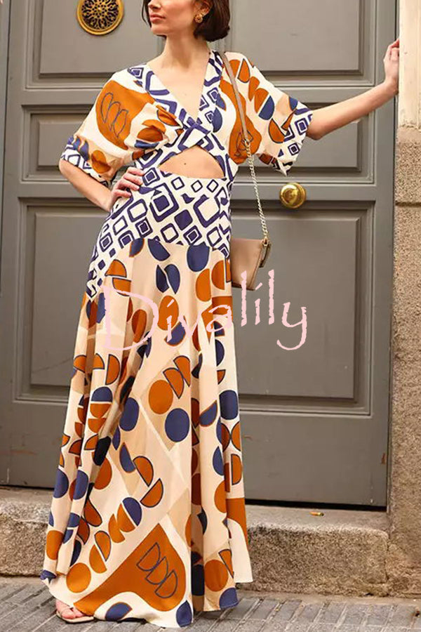 Alma Geometric Unique Print Cutout Waist Wide Sleeve Maxi Dress