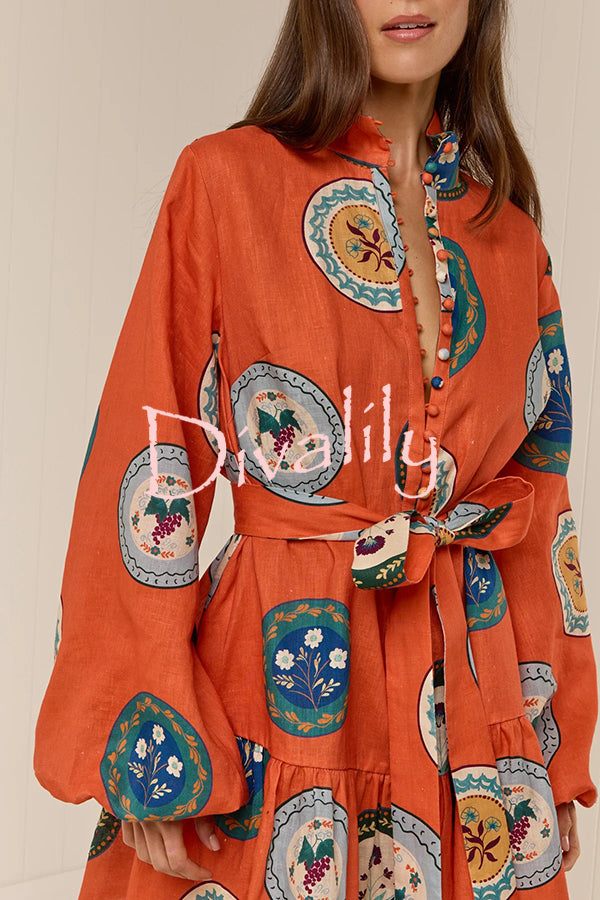 Linen Blend Unique Print Tie Waist Loose Mini Dress