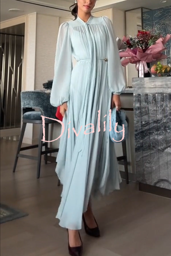 Elegant and Graceful Tie-up Neck Long Balloon Sleeve Handkerchief Midi Dress