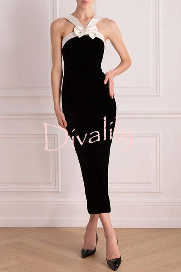 Sociable Elegance Velvet Contrast Bow Shoulder Strap Slit Stretch Midi Dress