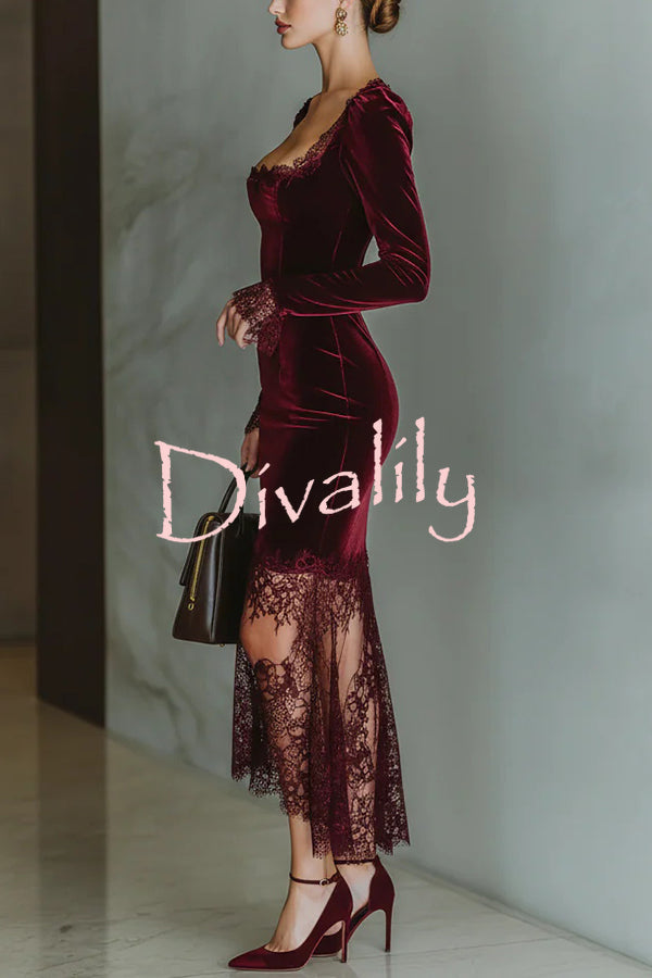 Fashionable Velvet and Lace Patchwork Square Neck Long-sleeved Maxi Dress