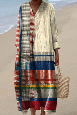 Multicolor Line Print V-Neck Long Sleeve Loose Midi Dress
