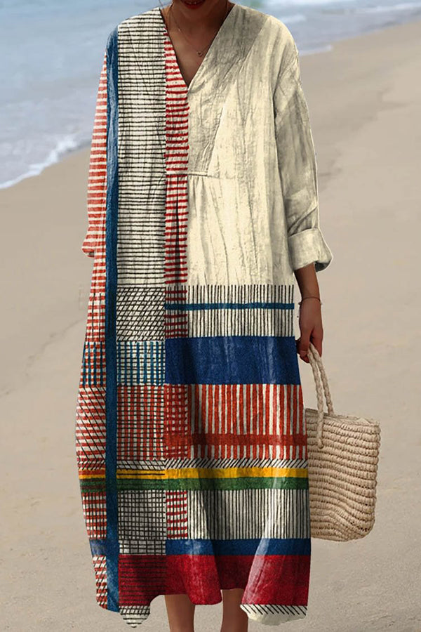 Multicolor Line Print V-Neck Long Sleeve Loose Midi Dress
