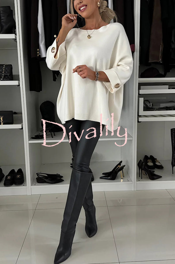 Elegance and Modern Knit Button Detail Half Sleeve Loose Sweater