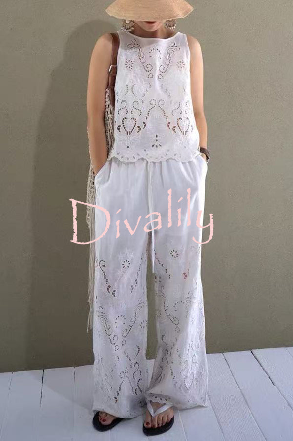 Linen Blend Solid Color Embroidered Hollow Loose Vest and Elastic Waist Casual Pocket Wide Leg Pants Set