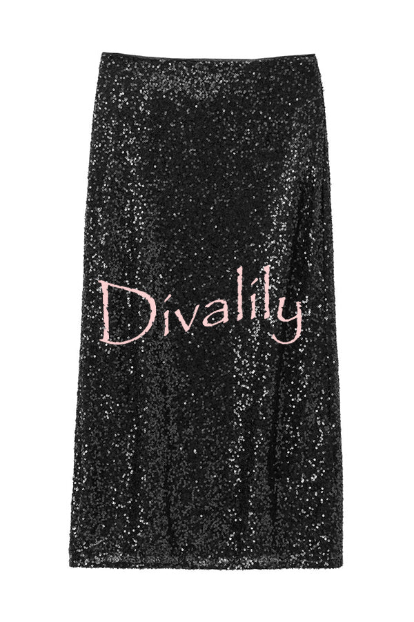 Crushing on You Sequin High Rise Wrap Tie-up Slit Midi Skirt