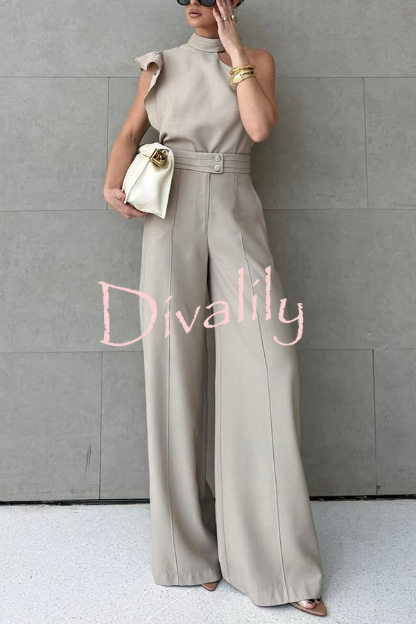 Fashionable One-shoulder Ruffled Top and Casual Simple Straight-leg Suit Pants Set