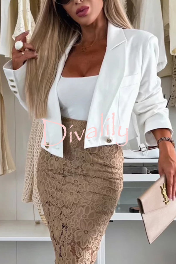 Ellien Solid Color Button Long Sleeve Crop Lapel Blazer