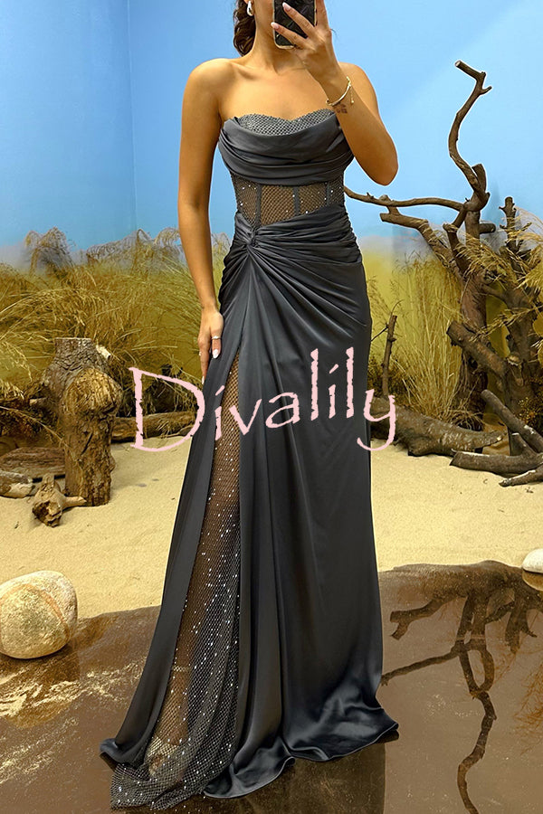 Essie Satin Rhinestone Patchwork Twist Waist Strapless Slit Maxi Dress