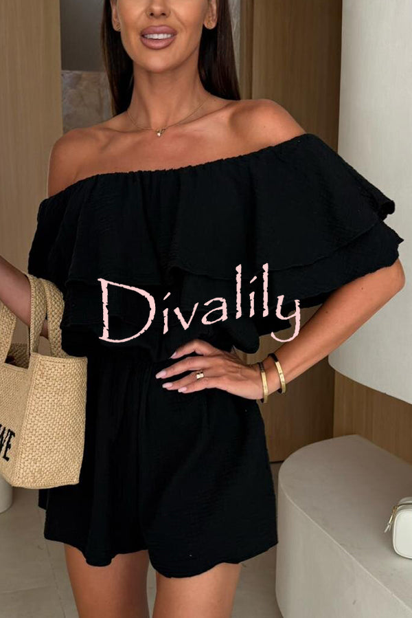 Solid Color Off-shoulder Ruffled Casual Waist Rompers