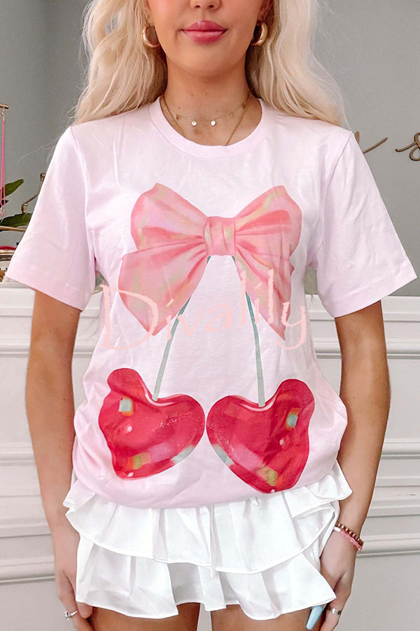 Cherry Bow Print Loose Casual Short Sleeve T-shirt