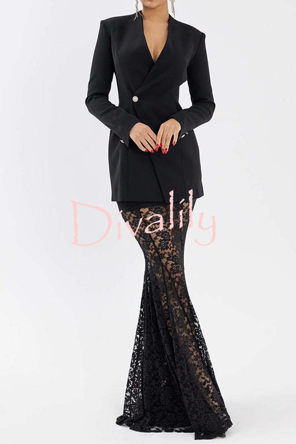 Poetic Muse Floral Lace High Rise Elastic Waist Fishtail Hem Maxi Skirt