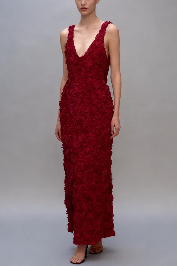 Three-dimensional Flower Sexy V-neck Slim Maxi Dress