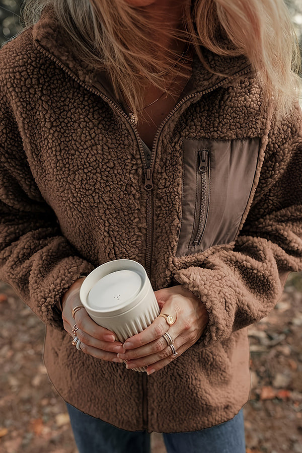 Solid Color Faux Cashmere Zip-up Pocket Casual Jacket