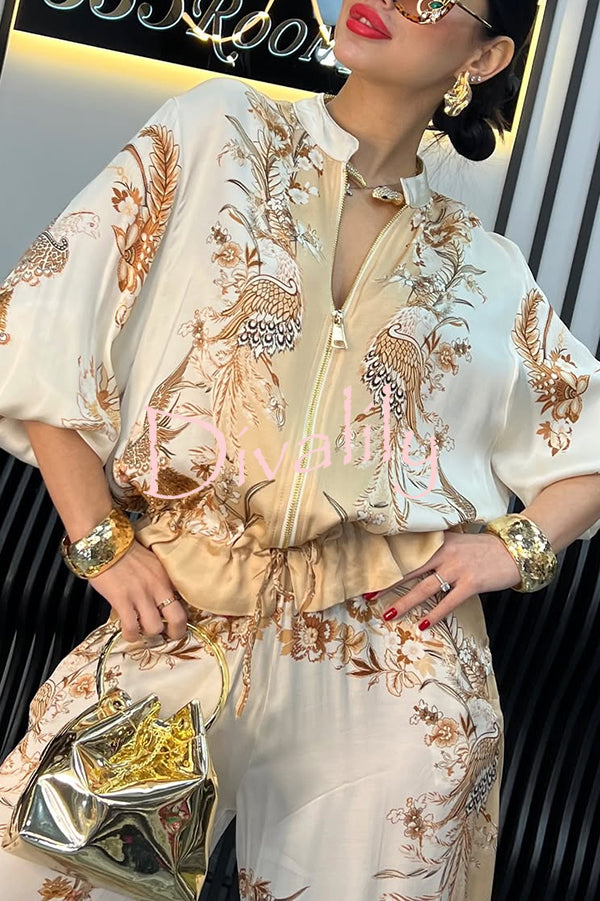 Unique Printed Casual Long-sleeved Loose Top and Elastic Waist Pocket Wide-leg Pants Set