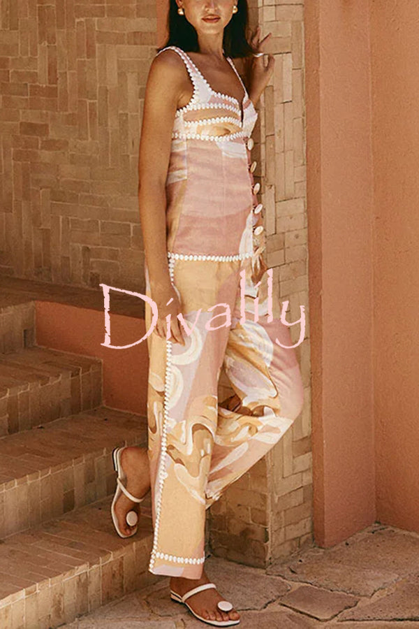 European Summer Linen Blend Ric Rac Trims High Rise Pocket Loose Pants