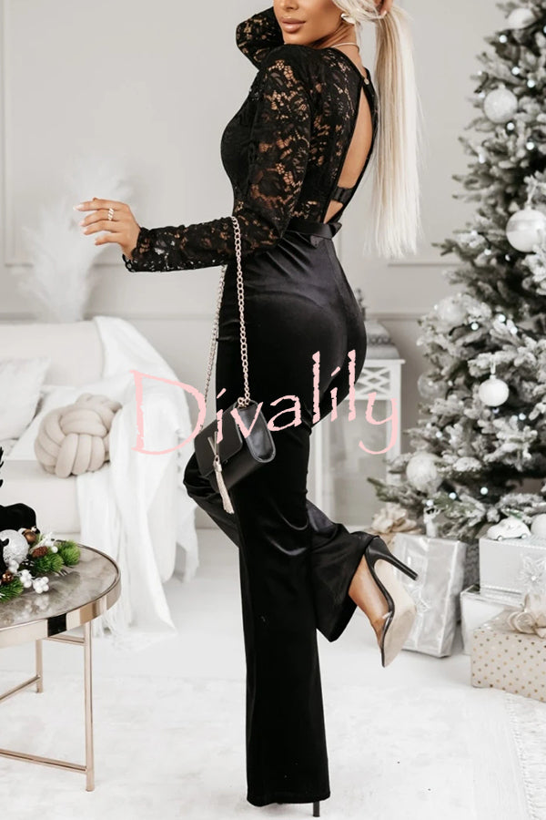 Sonya Lace Velvet Patchwork Long Sleeve Belted Flare Stretch Jumpsuit