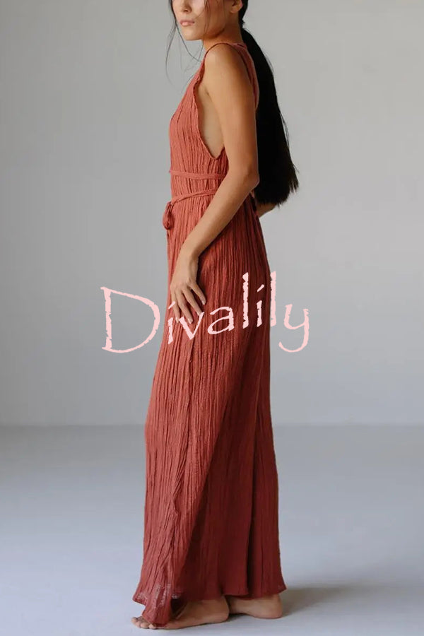 Resort Style V-neck Tie Pleated Casual Jumpsuit