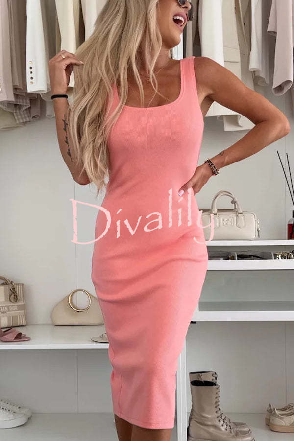 Comfort and Femininity Knit Ribbed Tank Slit Stretch Midi Dress