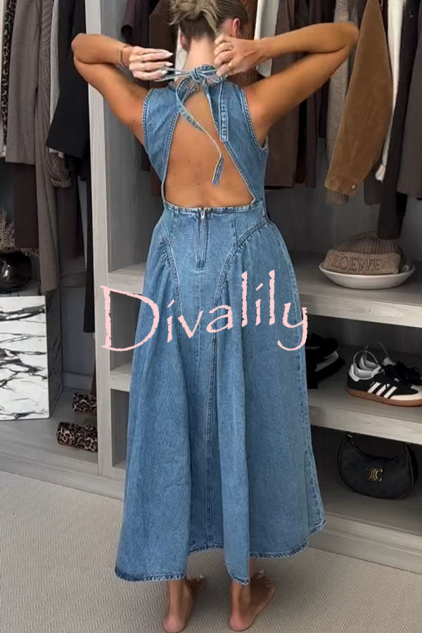 Classic and Stylish Denim Open Back Tie-up Gathered Hip Stretch Midi Dress