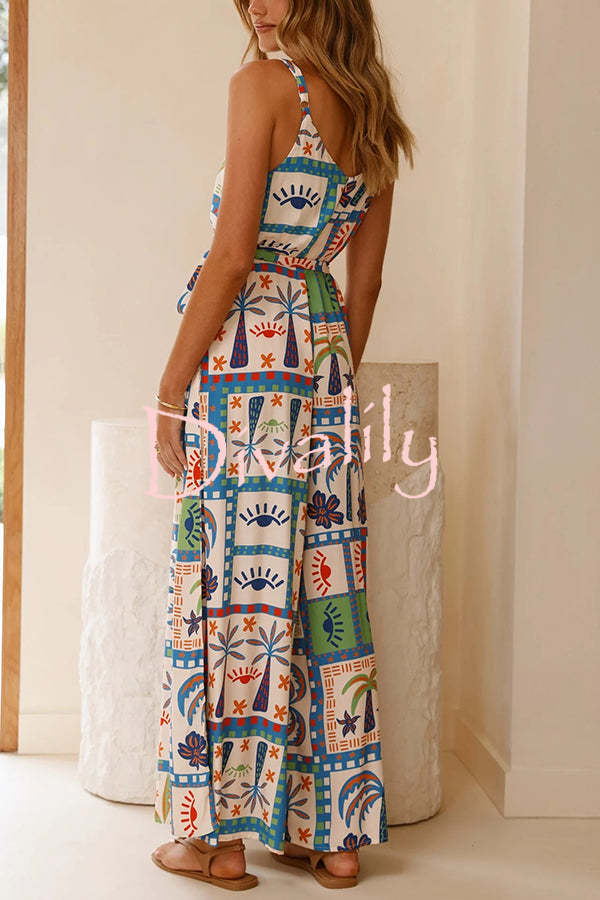 Unique Beach Vacation Print V-neck Suspenders Casual Wide-leg Jumpsuit