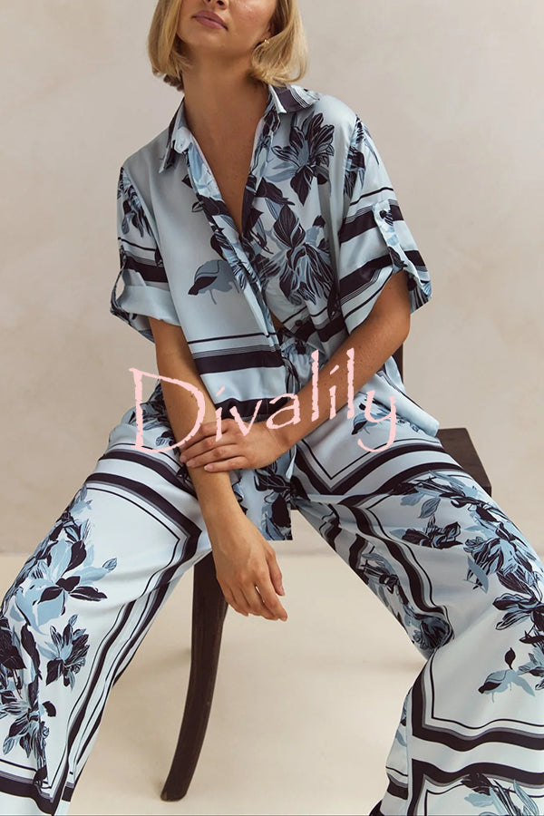 Fashionable Plant Print Loose Lapel Short Sleeve Shirt and Casual Elastic Waist Pocket Pants Set