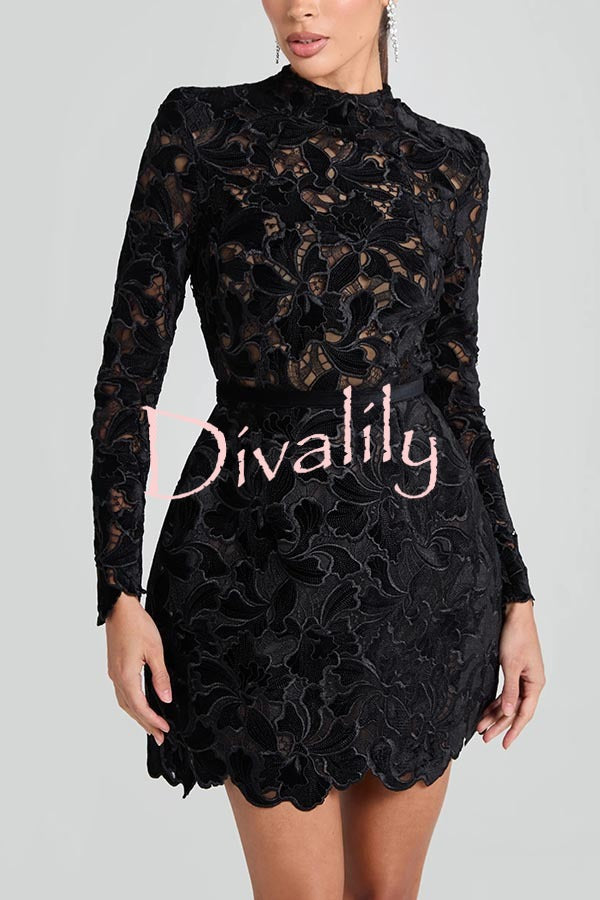 Lydia Embroidered Floral Lace Long Sleeve Belt Tulip Shaped Mini Dress