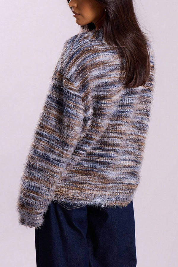 Fashionable Mixed Color Loose V-neck Casual Knit Cardigan