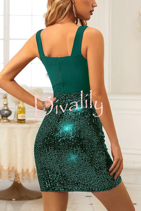 Fashion Sleeveless Suspender Spliced Sequined Slim Mini Dress