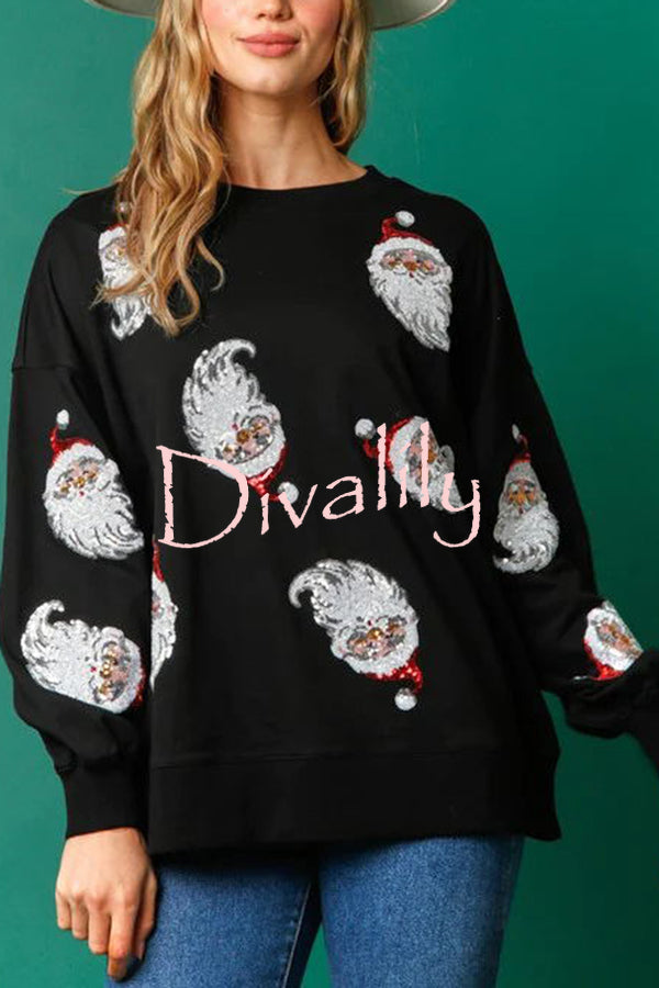 Santa Honey Sequin Christmas Pattern Loose Sweatshirt