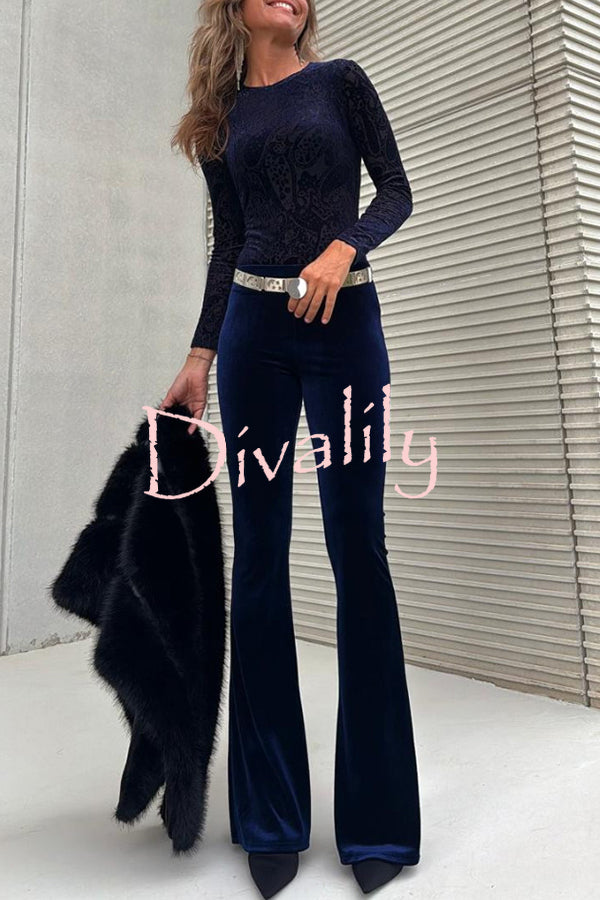 Caty Velvet Mesh Unique Pattern Long Sleeve Stretch Bodysuit