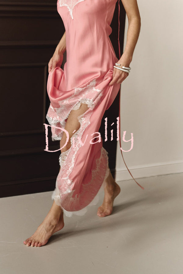 Breezy City Fall SatinLace Petal Trim Slip Tie-up H-line Slit Maxi Dress